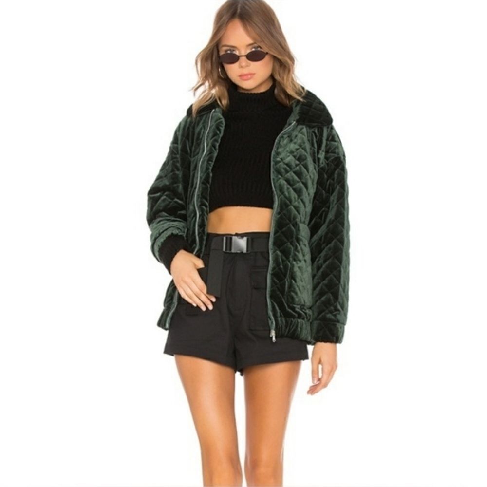 I.AM.GIA Contraband Quilted Green Velvet Velour Puffy Oversized Bomber Jacket XS